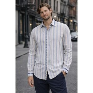 Robert Graham Mens XL Button Down Shirt Blue Cream Striped Embroidered Cotton